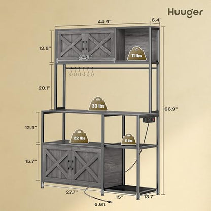Huuger Large Bakers Rack with Power Outlet, Kitchen Microwave Stand with Cabinets, Coffee Bar Table Station with Storage, 6 S-Shaped Hooks, Mesh Shelves, 45 Inch Wooden Top, Grey - color: Charcoal Grey