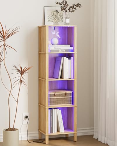 Bookshelf with LED Lights, Modern 4-Tier Bookcase, Open Storage Book Shelf, 11 × 14.2 × 50.4 Inches, Small Narrow Bookshelves for Living Room, Home Office, Bedroom, Natural - color: Natural