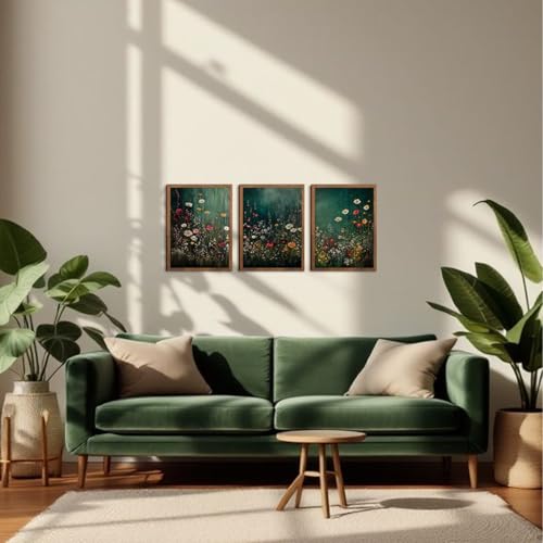 Wow NEW ART Vintage Wildflower Wall Art canvas Set of 3 12x16in Wood Frame | Dark Green Flower plant Canvas Prints Wall Decor, Gothic dark style pastoral for Living Room Bedroom Farmhouse Home Decor - color: Green flowers, size: 16L" x 12W"