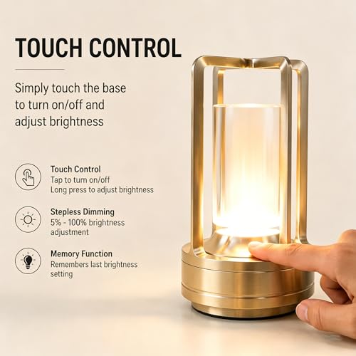 Rechargeable Crystal Table Lamp, 3-Color Touch LED, Gold | Gold metal crystal lantern, 3-color touch dimming, USB-C rechargeable, compact 7.1 in accent light for patio table - style: golden-1