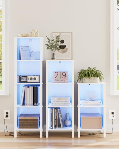 Bookshelf with LED Lights, Modern 4-Tier Bookcase, Open Storage Book Shelf, 11 × 14.2 × 50.4 Inches, Small Narrow Bookshelves for Living Room, Home Office, Bedroom, White - color: White