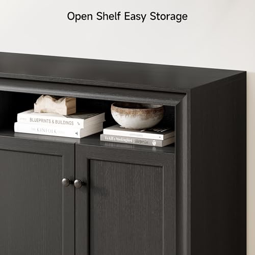 60 Inches Sideboard Buffet Cabinet with Storage and 4 Doors, Black | Large Sideboard Kitchen Cabinet with Open Shelf & Adjustable Shelf, Kitchen Coffee Bar Console Table for Living Room, Hallway - color: Black
