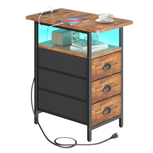 sthmec End Table with Charging Station,LED Side Tables with USB Ports and Outlets,Narrow Nightstands Bedside Tables with 3 Fabric Drawers for Small Space,Slim Sofa Table for Livingroom, Rustic Brown - color: Rustic Brown, size: 11.75'' W*21'' D* 24.3'' H,