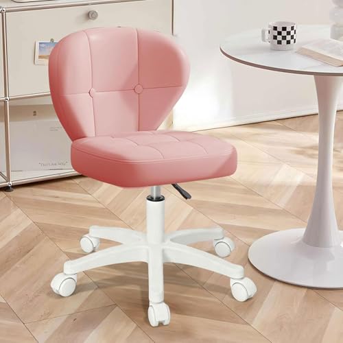 Small Office Chair with Lumbar Support, PU Leather Armless Swivel Desk Chair Adjustable Height, Compact Rolling Chair for Home Office, Bedroom, Study （Pink） - color: Pink, size: Set of 1