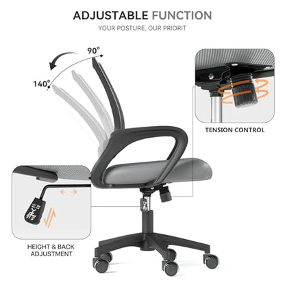 Office Chair, Ergonomic Mid-Back Mesh Desk Chair, Light Gray | Lumbar Support, Adjustable Height, Rolling Wheels, Comfy Armrest, For Work, Study, Gaming - color: Light Gray