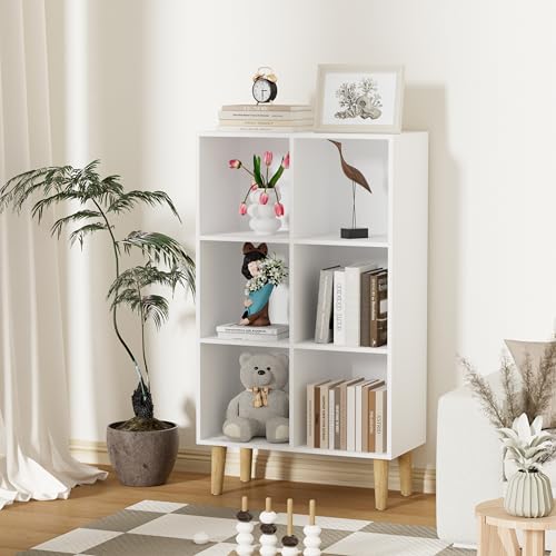6 Cube Bookcase, Wooden Book Shelf Cube Storage Organizer with Legs, 3 Tier Bookshelf Freestanding Open Shelves for Bedroom, Living Room and Home Office (White, 6 Cube Vertical) - color: White, size: 6 Cube Vertical