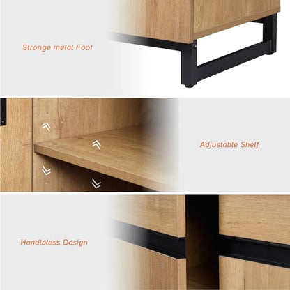 WAMPAT Modern TV Stand with 3 Tiers Bookshelf, Farmhouse Entertainment Center with 4 Large Storage Cabinets and Adjustable Shelf, Wooden Media TV Console with Black Metal Leg for Living Room, Oak - color: Oak-a