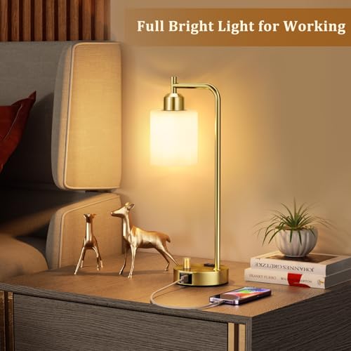 Innqoo Gold Lamp for Bedroom - Industrial Bedside Table Lamp with USB Port and Outlet, Fully Dimmable Nightstand Lamp with Opal Glass Shade, Small Desk Lamps for Home Office - color: Gold Base&Opal Shade