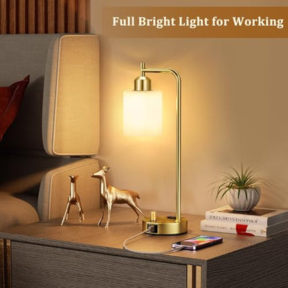 Innqoo Gold Lamp for Bedroom - Industrial Bedside Table Lamp with USB Port and Outlet, Fully Dimmable Nightstand Lamp with Opal Glass Shade, Small Desk Lamps for Home Office - color: Gold Base&Opal Shade
