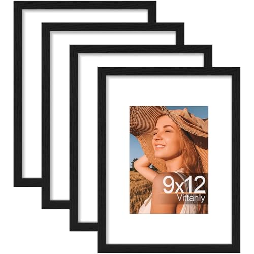 Vittanly 9x12 Picture Frames Set of 4, for Wall Mounting, Black | Display Pictures 6x8 with Mat or 9x12 without Mat, Gallery Wall Frame Set, Engineered Wood with Shatter Resistant Plexiglass - color: Black, size: 9x12