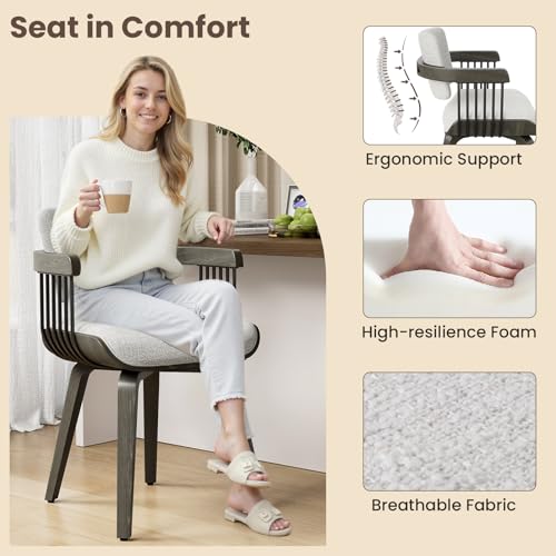 Dining Chairs with Armrest, Set of 2, Mid-Century Modern Kitchen Chair | with Wood Legs, Upholstered Fabric for Dining Room, Kitchen, Restaurant, Cafe, Beige - color: Beige