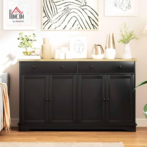 HOMCOM Sideboard Buffet Cabinet Solid Wood Countertop 55" Black | Modern Kitchen Storage, Coffee Bar Cabinet, 4 Drawers, 2 Doors, 2 Adjustable Shelf - color: Black, size: 55.1" x 15.7" x 33.5"