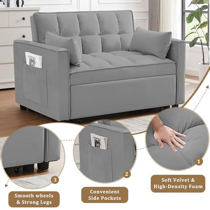 55" Pull Out Sleeper Sofa, Velvet Loveseat with Side Pockets, Grey | Velvet upholstery, 5-level adjustable back, Pull-out bed design, Sturdy frame with side pockets - color: Grey