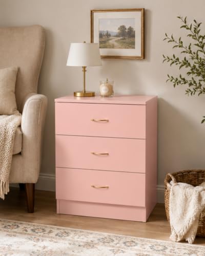 Karl home Pink 3 Drawer Dresser, Modern Small Storage Chest for Bedroom | Wood End Table, Space-Saving Drawer Cabinet with Rose Gold Handle, Multi-Scene Furniture for Nursery, Hallway, Living Room - color: Pink, size: 26"D x 13"W x 22"H (3 Drawers)
