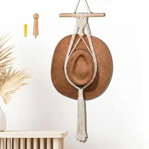 Macrame Hat Hangers Racks Boho Cowboy Hats Holders Western Display Organizer Storage decor Back of Door for Wall(White,One Hat Style) - color: White, style: One Hat Style