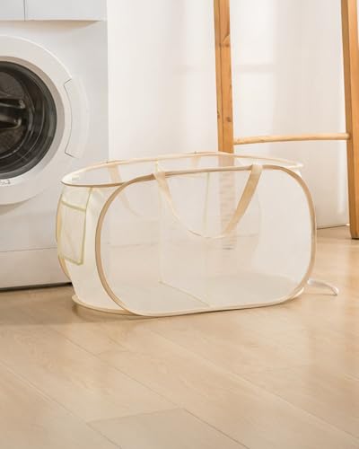 Collapsible Laundry Basket Foldable Pop-Up Mesh Hamper with Compartments and Handles, Breathable Clothes Organizer BLC733-05 - color: Beige, size: 22.83'' * 14.17'' * 14.17''