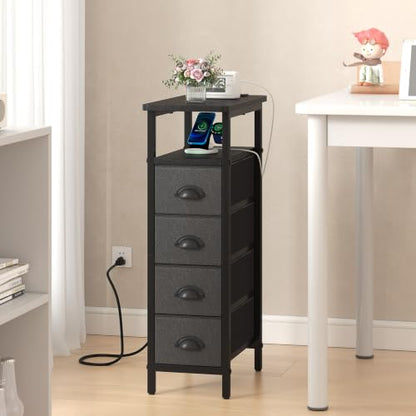 sthmec Nightstand with Charging Station, Narrow Night Stand Set of 2 with 4 Drawers, Skinny Side Table with Fabric Drawers,Slim Sofa Couch Tables for Small Spaces,Living Room,Bedroom, Black - color: Black, style: Power