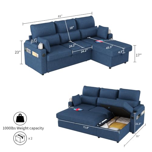 L-Sofa Bed Sleeper Pull Out with Storage Function and Two USB Ports and Cup Holder, Perfect for Small Space Modern Convertible Sofa Bed Living Room - color: Blue, size: 81'' L shape sofa