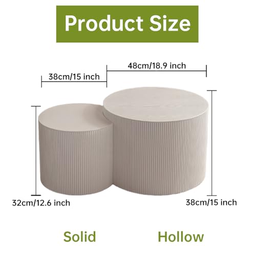 18 inch Round White Fluted Nesting Coffee Table Set of 2, B Small | Spray Painting Finish, For Living Room, Nested Crescent Side Table, Nestable Design, Mid-Century Modern, For Small Spaces - color: White a Small