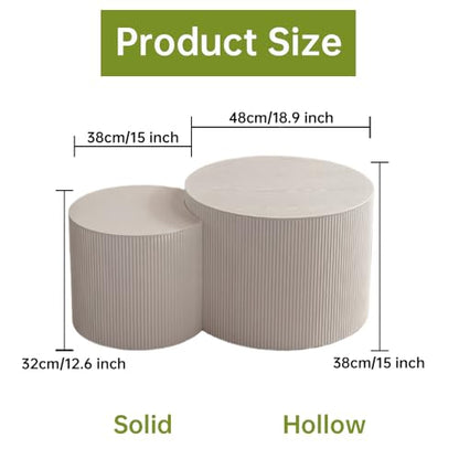 18 inch Round White Fluted Nesting Coffee Table Set of 2, B Small | Spray Painting Finish, For Living Room, Nested Crescent Side Table, Nestable Design, Mid-Century Modern, For Small Spaces - color: White a Small