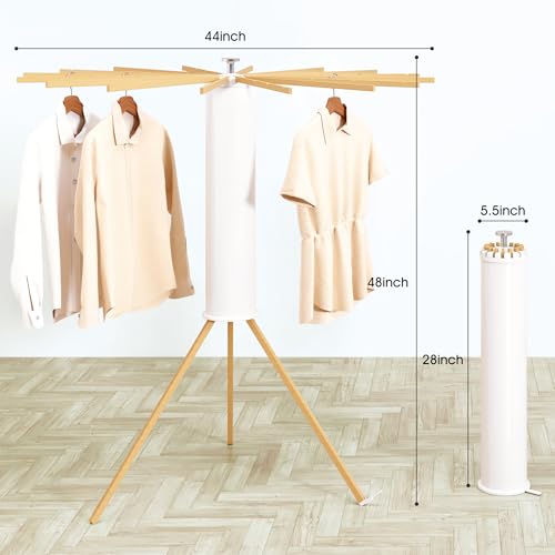 Heavy-Duty Wooden Tripod Clothes Drying Rack, 16 Rods, Large Capacity, 360° Airflow Umbrella Dryer, Foldable Space-Saving Floor Stand for Indoor Outdoor Use