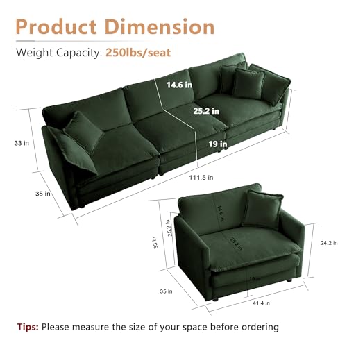 Luxury 3 Piece Sofa Set, 2 Pieces of Single Sofa and 1 Piece of 3 Seater Sofa, Modern Chenille Comfy Cloud Couches Set with 7 Pillows for Living Room Office, Evergreen - color: Evergreen, size: 3+1+1