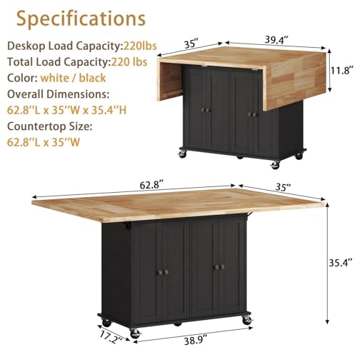 62.8 INCH Rolling Kitchen Island Cart with Double Drop Leaf, Small Mobile Kitchen Cart on Wheels, Folding Kitchen Island with Large Tbletop, Adjustable Shelves for Dining Room - color: Black