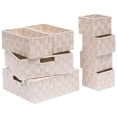 Stackable Woven Storage Baskets with Lids and Metal Frame, Set of 8 | Beige polypropylene organizer bins with lids in assorted sizes for drawers, closet, shelf, nursery and office storage - color: Beige, size: 8PCS-with lid