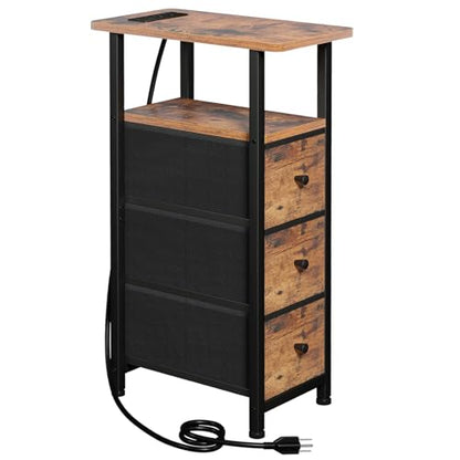 Narrow End Table with Charging Station, Small Nightstand | Skinny Side Tables Living Room with 3 Fabric Drawers, Slim Bedside Table for Bedroom, Small Spaces, Couch, Rustic Brown - color: Rustic Brown + Black, size: 27.55''H (3 Drawers), style: Power