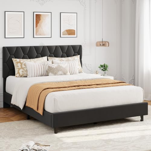 GAOMON Grey Queen Bed Frame with Upholstered Headboard, Heavy-Duty Platform Bed Frame with Strong Wood Slats, No Box Spring Needed/Easy Assembly/Noise Free - color: Grey, size: Queen