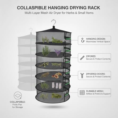 Collapsible Hanging Dryer with Zippered Mesh Layers, Space-Saving Foldable Air Drying Rack for Kitchen, Balcony, and Laundry (Black) - size: 12.99 x 12.99 x 68.9 in