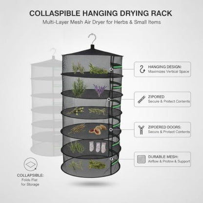 Collapsible Hanging Dryer with Zippered Mesh Layers, Space-Saving Foldable Air Drying Rack for Kitchen, Balcony, and Laundry (Black) - size: 12.99 x 12.99 x 68.9 in