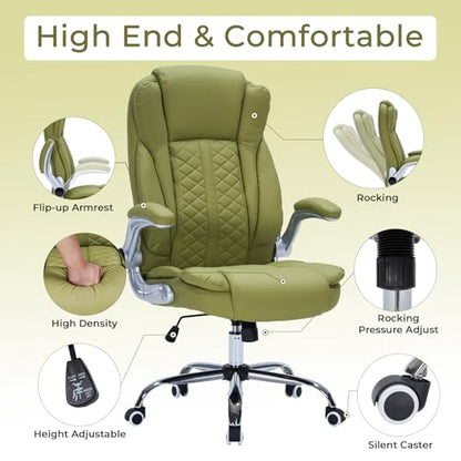 400lbs Executive Office Chair with Flip-Up Armrests, Big and Tall Computer Chair for Heavy People, Heavy Duty Ergonomic Comfy Chair, Breathable PU Leather (Green) - color: Green