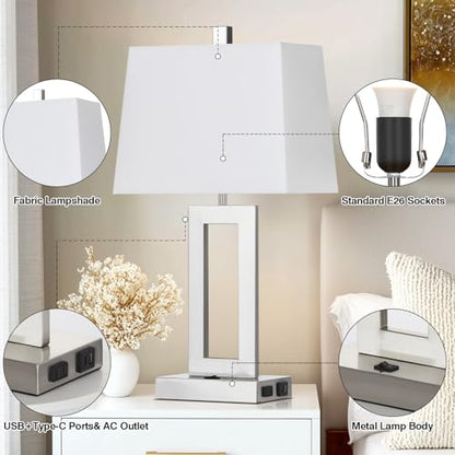 Silver Bedside Table Lamp Set of 2,Nightstand Lamps with USB Ports | Lamps with USB C+A Ports,AC Outlet,23.5 In Modern Metal Lamp for Bedroom Living Room End table,ON/OFF Push Button,NO dimming - color: Silver-Base