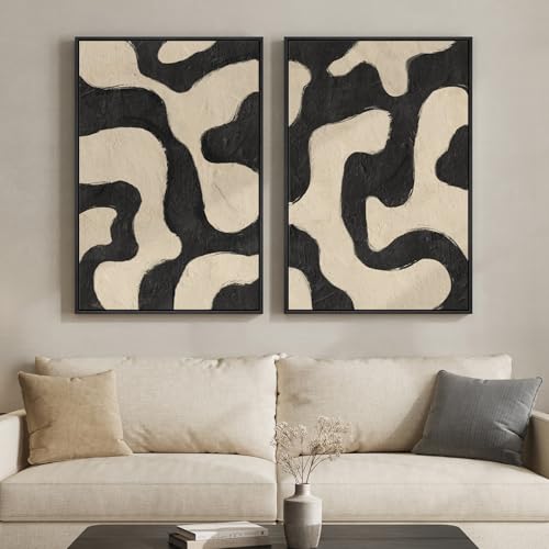 Framed Abstract Beige Black Wall Art for Living Room, Large Neutral Modern Canvas Artwork for Walls, Set of 2 Mid Century Elegant Picture Print for Bedroom Home Office Hallway Wall Decor, 24x36 Inch - color: Beige Black, size: 24" W x 36" H x 2Pcs