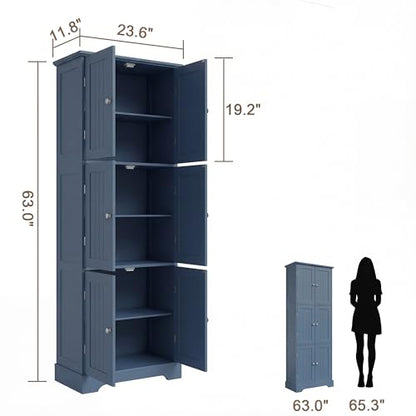 ChooChoo 160.5cm(63인치) 높이 욕실 보관 캐비닛, 6개의 문 포함 | 독립형 바닥 캐비닛, 조절 가능한 선반, 욕실, 주방, 세탁실용 식료품 저장실 캐비닛, 블루 - color: 블루., size: 6-Door