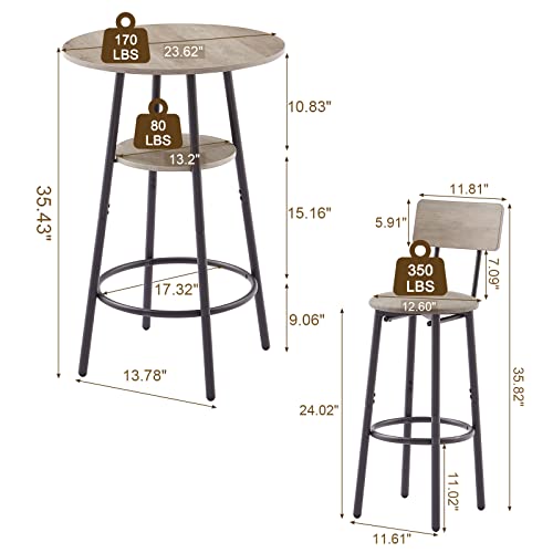 KIVENJAJA 3-Piece Bar Table Set for 2, Small 2-Tier Round Bistro Pub Dining Table & PU Upholstered Stools with Backrest, Counter Height Table and Chairs Set for Kitchen Small Space, Grey - color: Grey