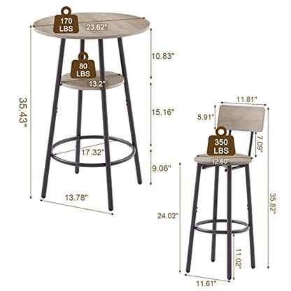 KIVENJAJA 3-Piece Bar Table Set for 2, Small 2-Tier Round Bistro Pub Dining Table & PU Upholstered Stools with Backrest, Counter Height Table and Chairs Set for Kitchen Small Space, Grey - color: Grey