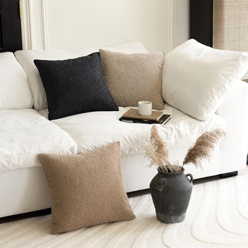 Foindtower Set of 2, Decorative Textured Boucle Throw Pillow Covers Accent Solid Pillow Cases Neutral Soft Cozy Couch Cushion Case for Chair Sofa Bedroom Living Room Home Decor 16 x 16 Inch Black - color: Black, size: 16" x 16" (Pack of 2)