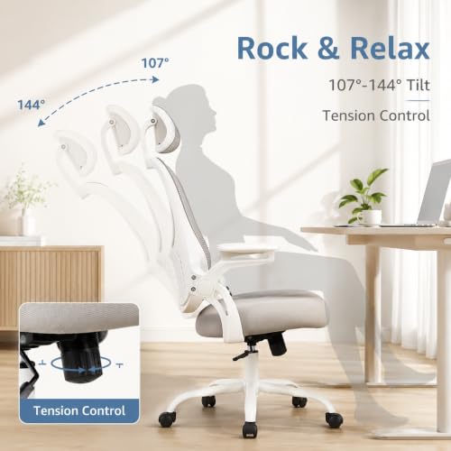 Grey Ergonomic Office Chair, High Back Mesh Desk Chair with Adjustable Headrest Lumbar Support, Computer Chairs with Flip-up Armrests and Thickened Cushion for Adults Home Office, 360° Swivel - color: Grey With Headrest