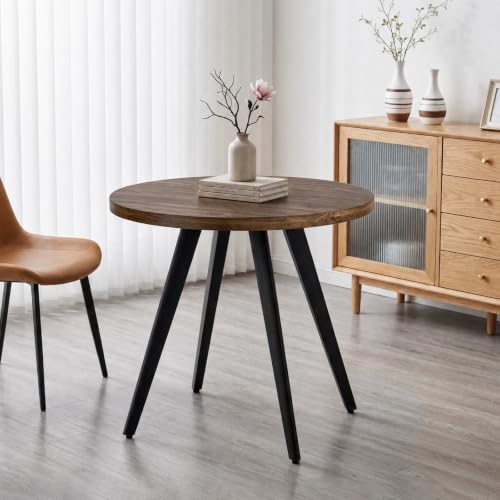Round Dining Table for 2, 31.5" Small Kitchen Circle Table Space-Saving | Rustic Brown Mid-Century Modern with 1.4" thick Walnut-grain Top, Kitchens, Dining Rooms, Apartments, Breakfast Nooks - color: Rustic Brown