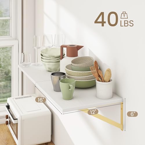 Dreamland Wall Mounted Floating Shelves Set of 2, 16x12, White&Gold | Engineered Wood, Visible Bracket, Large Storage, Hold Up to 40lbs, Living Room, Bathroom, Bedroom, Kitchen - color: White&gold, size: 16"W x 12"D