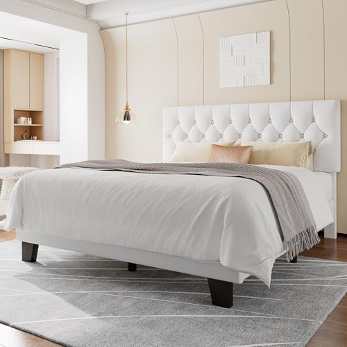 Feonase Velvet Queen Platform Bed Frame with Button Tufted Headboard, Upholstered Bed with Wooden Slats Support, No Box Spring Needed, Easy Assembly, Noise-Free, White - color: White, size: Queen