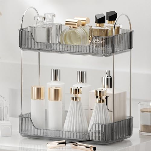 YCIA&DONE Bathroom Organizer Countertop, Makeup Storage, Skincare Cosmetic Tray Shelf, Perfume Holder Rack for Vanity Counter, Large Capacity, Easy to Install, Clean, 2 Tiers, Smoky Gray - color: Smoky Gray, size: 2-Tier