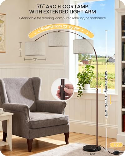 75" Arc Floor Lamp with Marble Base and Adjustable Height, Rotating Hanging Shade, Dimmable Floor Lamp for Living Room with Remote and Foot Switch, 3CCT, Over Couch Arched Light, Beige Brown VE15LD05 - color: Brown + Beige