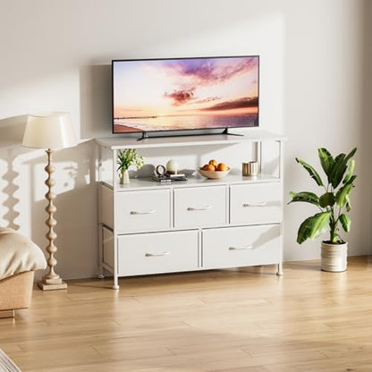 Simple Deluxe TV Stand Dresser for Bedroom Entertainment Center with 5 Fabric Drawers, Storage Organizers Units for Living Room, Media Console Table with Open Shelf up for 45" TV, White, Wood top