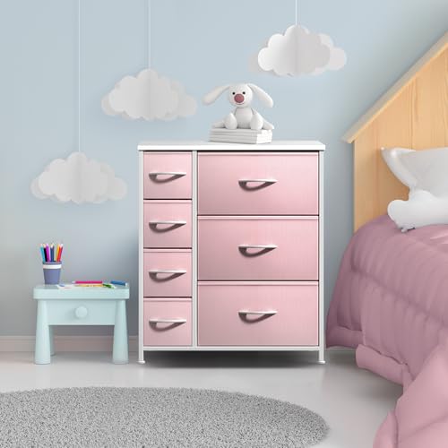 Sorbus Dresser with 7 Drawers - Furniture Storage Chest for Kid’s, Teens, Bedroom, Nursery, Playroom, Clothes, Toys - Steel Frame, Wood Top, Tie-dye Fabric Bins (7-Drawer, Pastel Pink) - color: Pastel Pink
