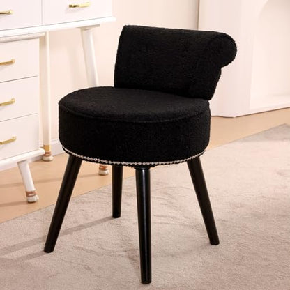 Vanity Chair with Back, Sherpa Stool with Tufted Backrest & Sliver Nailhead Trim, Round Vanity Seat for Bedroom and Bathroom Makeup, Support 220lbs, Easy Assembly (Teddy Black) - color: Sherpa Black