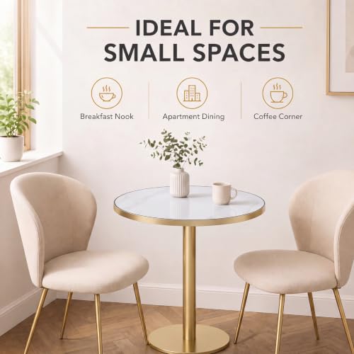 31.5" Round Dining Table, Glossy Sintered Stone Circle Tulip Table with Gold Pedestal, Modern Dining Room Table for Kitchen, Cafe, Living Room (White with Gold) - color: White With Gold