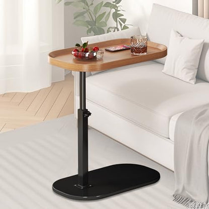 Adjustable Height C Shaped Side Table, Couch Tables That Slide Under, C Side Table Raised Edge, 360°Swivel C Shaped End Table, Small Coffee C Table, End Table for Sofa/Bed/Bathtub (Wood) - color: Wood